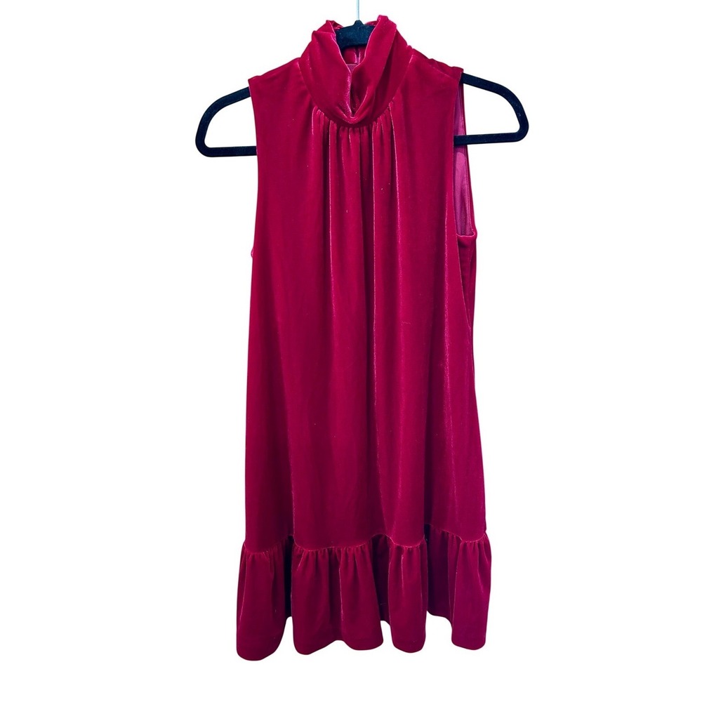 Calvin Klein Womens Velvet Mock Neck Ruffle Hem Sleeveless Shift Dress Red